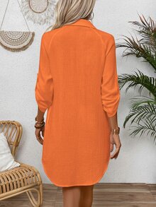 EMERY ROSE Women's Solid Color Buttoned Front Minimalist Shirt Collar Casual Short Dress Fall Cloth For Women - Orange - View 2