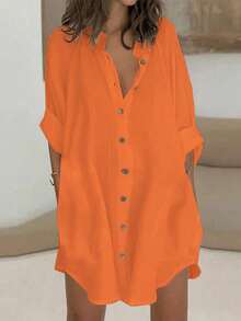 EMERY ROSE Women's Solid Color Buttoned Front Minimalist Shirt Collar Casual Short Dress Fall Cloth For Women - Orange - View 4