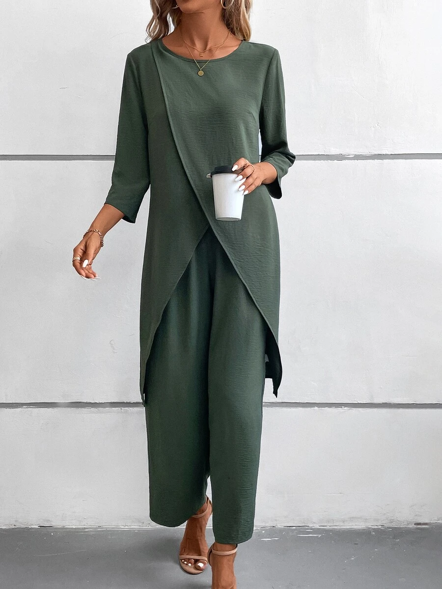 EMERY ROSE 2pcs Set: Solid Color 3/4 Sleeve Round Neck Simple Top And Elastic Waist Pants - Dark Green - View 1