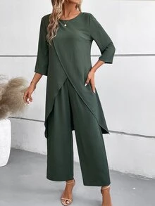 EMERY ROSE 2pcs Set: Solid Color 3/4 Sleeve Round Neck Simple Top And Elastic Waist Pants - Dark Green - View 5