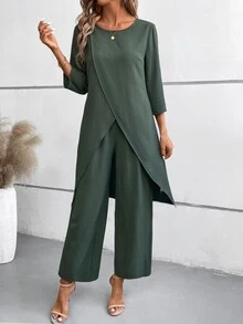 EMERY ROSE 2pcs Set: Solid Color 3/4 Sleeve Round Neck Simple Top And Elastic Waist Pants - Dark Green - View 7