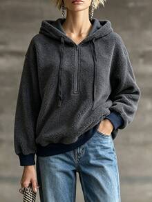 Omancia Women's Solid Color Design Half-Zip Fleece Lamb Wool Sweatshirt Sweatshirt, Long Sleeve, Casual Daily Wear, Versatile For Autumn/Winter - Grey - View 4