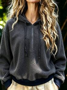 Omancia Women's Solid Color Design Half-Zip Fleece Lamb Wool Sweatshirt Sweatshirt, Long Sleeve, Casual Daily Wear, Versatile For Autumn/Winter - Grey - View 6