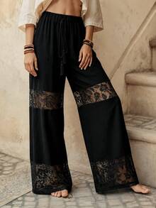 EMERY ROSE White Elastic Straight Leg Lace Patchwork Women Casual Pants - Black - View 3