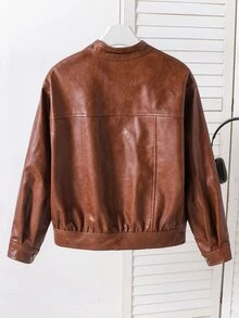 SHEIN جاكيت جلد قصير للبنات بأسلوب الشارع الأمريكي الكاجوال، مصنوع من قماش جلد منسوج، بقصة فضفاضة مريحة، مناسب للربيع والخريف والاستخدام اليومي... - قهوة بني - مشاهدة 10