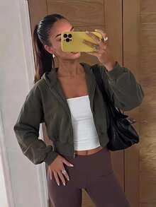 Aloruh Fall/Winter,Women's Zipped Front Hooded Sweatshirt Jacket With Stylish Design, Short, Autumn/Winter,Long Sleeve Tops,Casual,For Daily,Street Chic, - Dark Grey - View 3