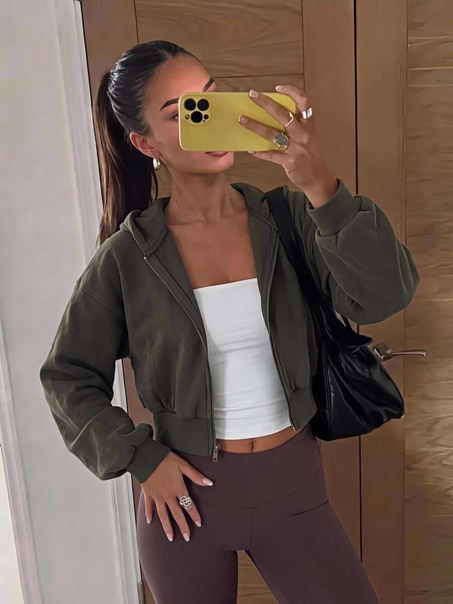 Aloruh Fall/Winter,Women's Zipped Front Hooded Sweatshirt Jacket With Stylish Design, Short, Autumn/Winter,Long Sleeve Tops,Casual,For Daily,Street Chic,