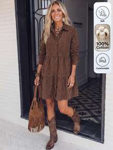 SHEIN LilyWest Women's Autumn/Winter New Ruffle Hem Casual Short Dress - Coffee Brown - View 3