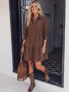 SHEIN LilyWest Women's Autumn/Winter New Ruffle Hem Casual Short Dress - Coffee Brown - View 7