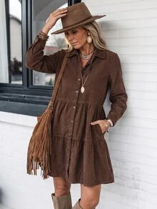 SHEIN LilyWest Women's Autumn/Winter New Ruffle Hem Casual Short Dress - Coffee Brown - View 1