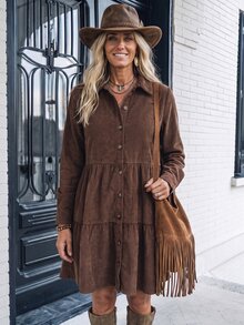 SHEIN LilyWest Women's Autumn/Winter New Ruffle Hem Casual Short Dress - Coffee Brown - View 4