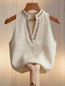 Louniche 女款花卉刺繡立領無袖上衣，刺繡上衣，女款夏季穿搭，優雅上衣，職場通勤穿搭 - 杏色 - 查看 4