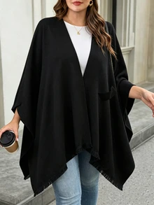 EMERY ROSE Women's Plus Size Solid Color Fashion Tassel Shawl Cardigan - Black - View 6