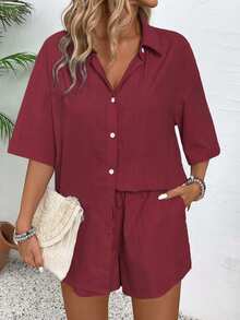 EMERY ROSE Conjunto de 2 piezas para mujer con camisa de botones de unicolor básico y shorts - Rosa Roja - Ver 5