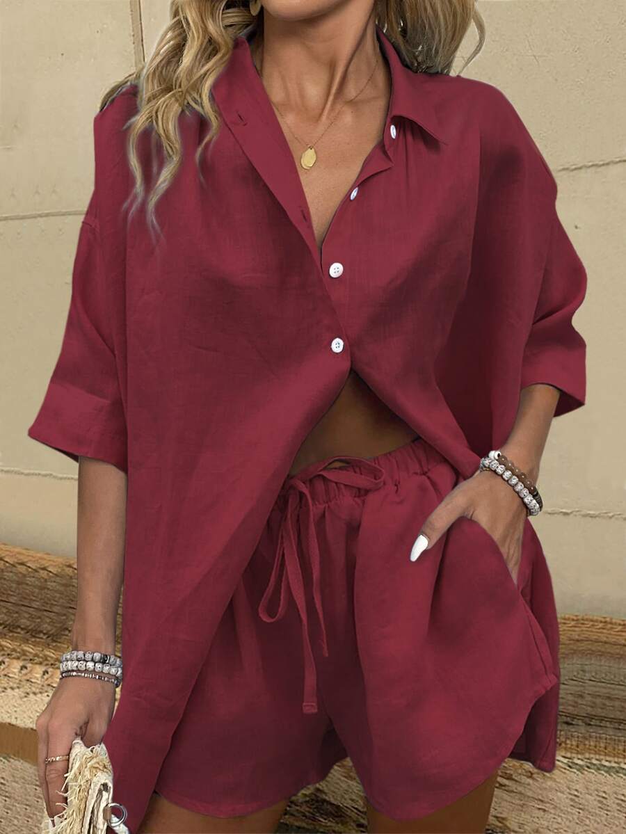 EMERY ROSE Conjunto de 2 piezas para mujer con camisa de botones de unicolor básico y shorts - Rosa Roja - Ver 1