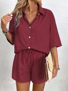 EMERY ROSE Conjunto de 2 piezas para mujer con camisa de botones de unicolor básico y shorts - Rosa Roja - Ver 4