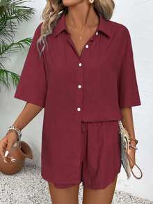 EMERY ROSE Conjunto de 2 piezas para mujer con camisa de botones de unicolor básico y shorts - Rosa Roja - Ver 6