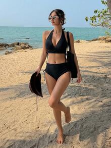 DAZY Ladies' Solid Color Halter Neck Bikini Set Summer Beach,Tankini Bathing Suit Vacation - Black - View 5