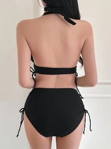 DAZY Ladies' Solid Color Halter Neck Bikini Set Summer Beach,Tankini Bathing Suit Vacation - Black - View 2