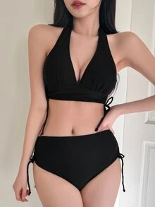 DAZY Ladies' Solid Color Halter Neck Bikini Set Summer Beach,Tankini Bathing Suit Vacation - Black - View 3