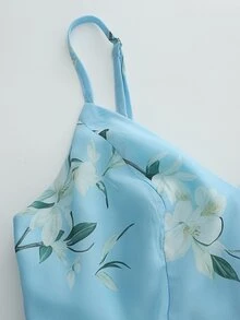 Hotletica 女士无袖蓝色雪纺印花荷叶边袖优雅无肩带连衣裙，开衩吊带裙摆连衣裙 - 藍色 - 查看 4