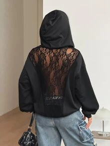Coolane 女款秋冬外出休閒 Y2K 時尚性感街頭風基礎派對復古黑色對比蕾絲舒適寬鬆保暖連帽衛衣黑色運動衫 - 黑色 - 查看 4