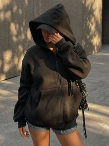 Coolane 女款秋冬外出休閒 Y2K 時尚性感街頭風基礎派對復古黑色對比蕾絲舒適寬鬆保暖連帽衛衣黑色運動衫 - 黑色 - 查看 1