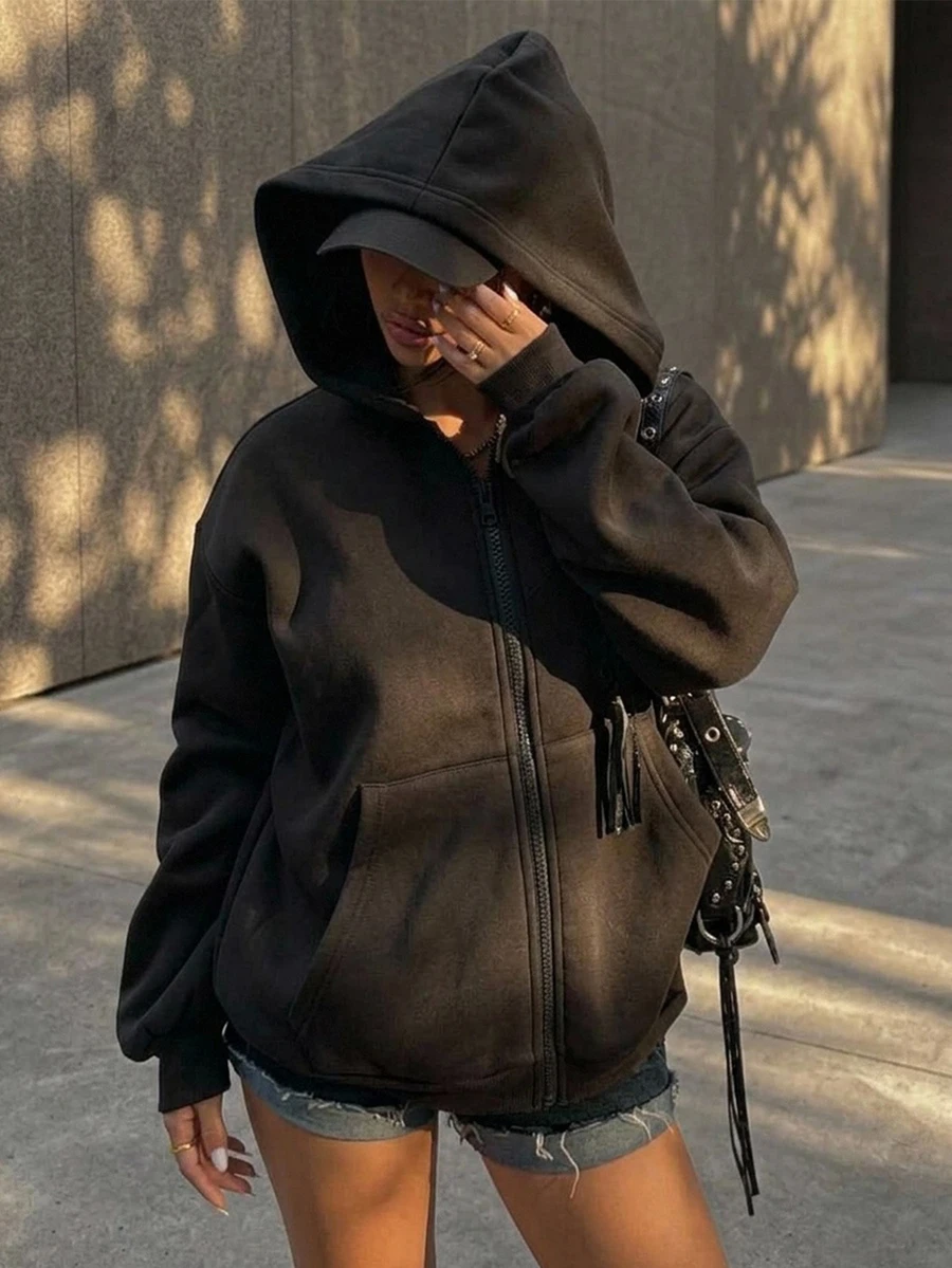 Coolane 女款秋冬外出休閒 Y2K 時尚性感街頭風基礎派對復古黑色對比蕾絲舒適寬鬆保暖連帽衛衣黑色運動衫 - 黑色 - 查看 1