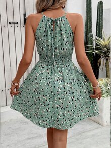 EMERY ROSE Allover Print Cinched Waist Halter Neck Vacation Casual Dress - Cadet Blue - View 2