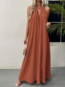 EMERY ROSE Gaun Maxi Wanita Warna Cokelat Karat untuk Liburan Pantai Tropis Musim Panas, Gaun Maxi Halter Warna Oranye Terbakar dengan Leher Ayun Warna Polos untuk Liburan Wanita - Redwood - View 4