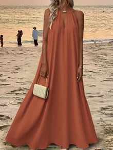 EMERY ROSE Gaun Maxi Wanita Warna Cokelat Karat untuk Liburan Pantai Tropis Musim Panas, Gaun Maxi Halter Warna Oranye Terbakar dengan Leher Ayun Warna Polos untuk Liburan Wanita - Redwood - View 1