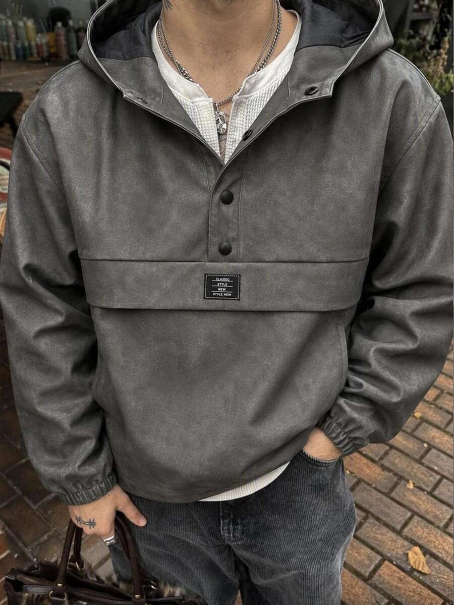 NEON BLANC Men Letter Patched Detail Half Button Hooded Jacket - Grey - View 1