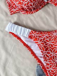 Swim Vcay Springbreak Red Floral Textured Underwire Women Swimwear Set,Beach Vacation Bikini Two Pieces Triangle Pleated Summer Casual Holiday Pool Party Female - Red - View 3