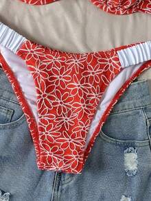 Swim Vcay Springbreak Red Floral Textured Underwire Women Swimwear Set,Beach Vacation Bikini Two Pieces Triangle Pleated Summer Casual Holiday Pool Party Female - Red - View 4