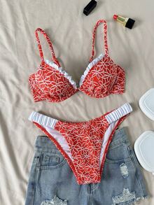 Swim Vcay Springbreak Red Floral Textured Underwire Women Swimwear Set,Beach Vacation Bikini Two Pieces Triangle Pleated Summer Casual Holiday Pool Party Female - Red - View 2