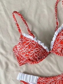 Swim Vcay Springbreak Red Floral Textured Underwire Women Swimwear Set,Beach Vacation Bikini Two Pieces Triangle Pleated Summer Casual Holiday Pool Party Female - Red - View 5