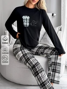 SHEIN طقم بيجامة نسائي للاسترخاء مكون من ملابس علوية بأكمام طويلة بطبعة قهوة مربعات وبنطلون مربعات - الأسود - مشاهدة 5