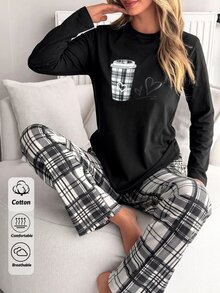 SHEIN طقم بيجامة نسائي للاسترخاء مكون من ملابس علوية بأكمام طويلة بطبعة قهوة مربعات وبنطلون مربعات - الأسود - مشاهدة 2