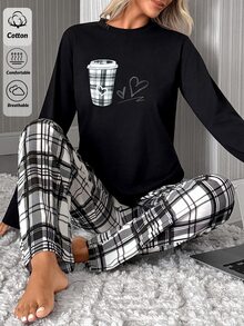 SHEIN طقم بيجامة نسائي للاسترخاء مكون من ملابس علوية بأكمام طويلة بطبعة قهوة مربعات وبنطلون مربعات - الأسود - مشاهدة 6