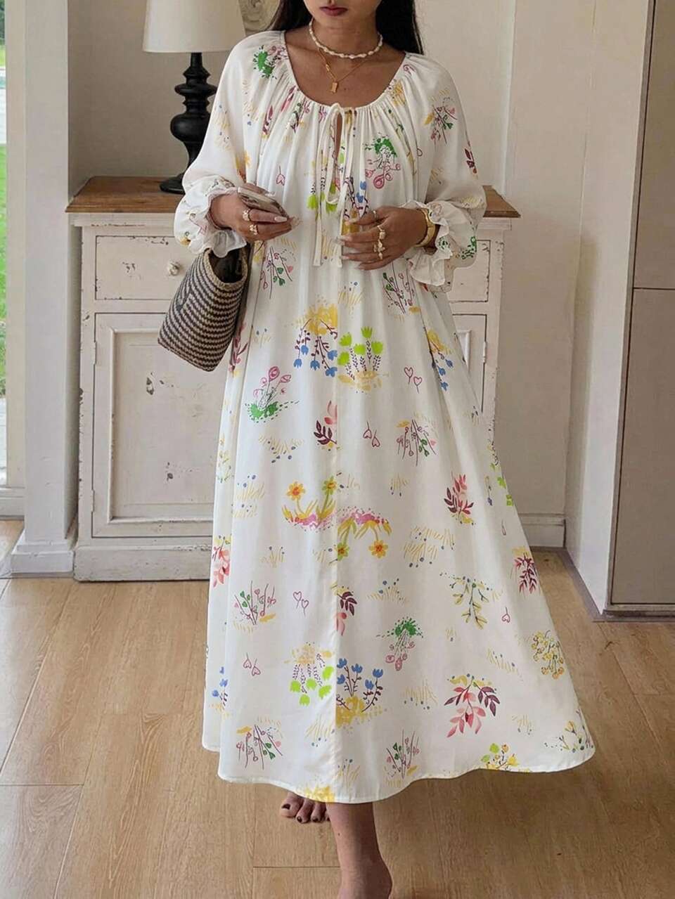 Sweet Floral Print Petal Sleeve Long Sleeve Dress Loose Fit Women's Nightgown