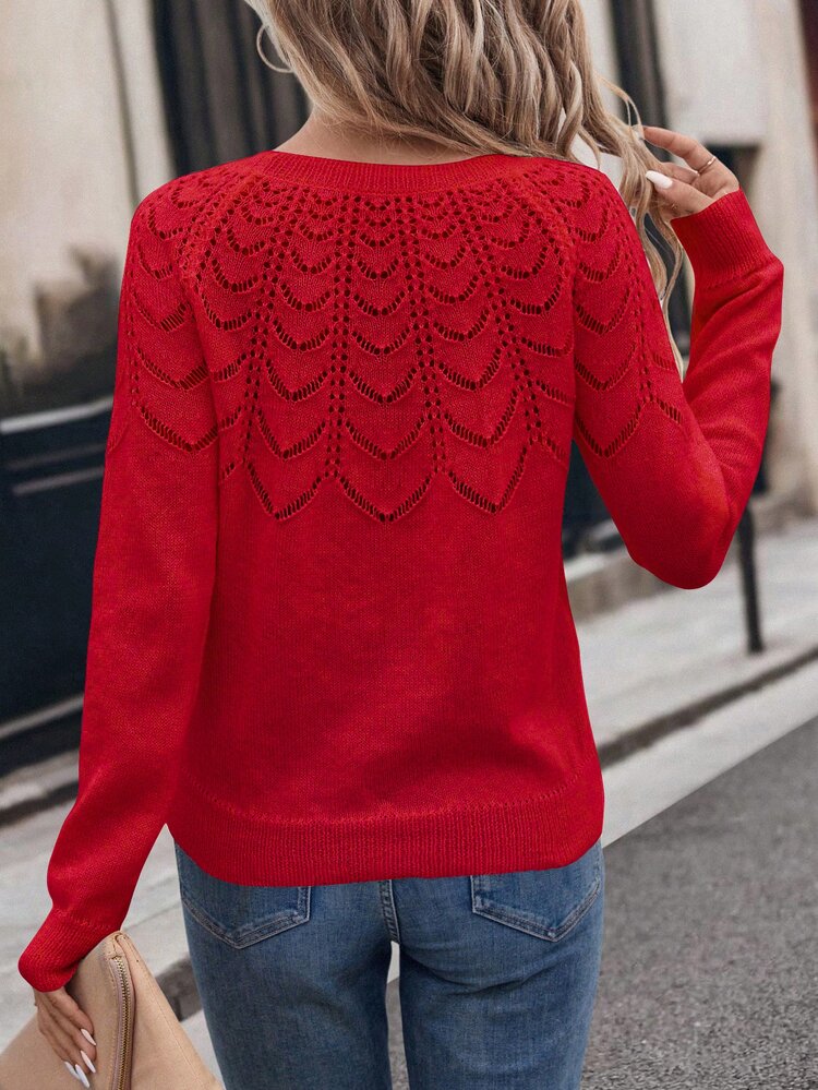 Balvessa Women Solid Color Crew Neck Long Sleeve Casual Sweater For New Year , Long Sleeve Top Knit Pullover Fall Winter - Red - View 2