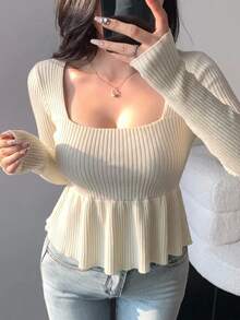 DAZY 女款方領紋理布料 A 字下擺 T恤 - 白色 - 查看 2
