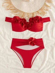 SHEIN Swim 针织花卉3D比基尼套装，性感沙滩泳池派对装扮，适合假日、圣诞节、新年等场合，优雅夏季女士泳装 - 彩色 - 查看 8
