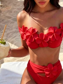 SHEIN Swim 针织花卉3D比基尼套装，性感沙滩泳池派对装扮，适合假日、圣诞节、新年等场合，优雅夏季女士泳装 - 彩色 - 查看 1