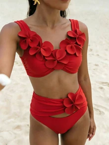 SHEIN Swim 针织花卉3D比基尼套装，性感沙滩泳池派对装扮，适合假日、圣诞节、新年等场合，优雅夏季女士泳装 - 彩色 - 查看 7