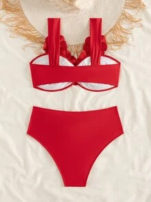 SHEIN Swim 针织花卉3D比基尼套装，性感沙滩泳池派对装扮，适合假日、圣诞节、新年等场合，优雅夏季女士泳装 - 彩色 - 查看 2