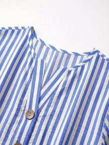 SHEIN 女款梭織日常條紋休閒海岸風辦公早午餐度假秋季襯衫，藍白條紋 - 藍白色 - 查看 6