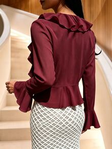 Glamine Women's Burgundy Deep V-Neck Ruffle Flare Sleeve Blouse, Multi-Layer Ruffle Decor, Asymmetric Design, Casual Romantic Elegant Party Date Vacation Top - Burgundy - View 2