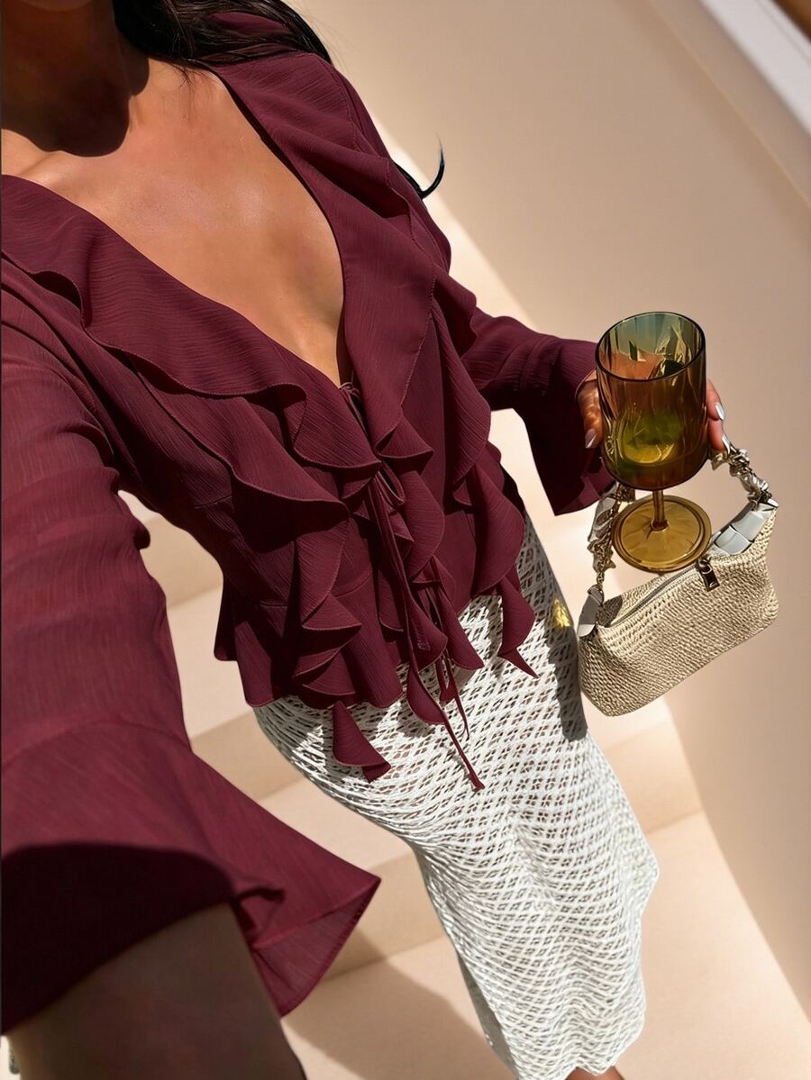Glamine Women's Burgundy Deep V-Neck Ruffle Flare Sleeve Blouse, Multi-Layer Ruffle Decor, Asymmetric Design, Casual Romantic Elegant Party Date Vacation Top - Burgundy - View 1