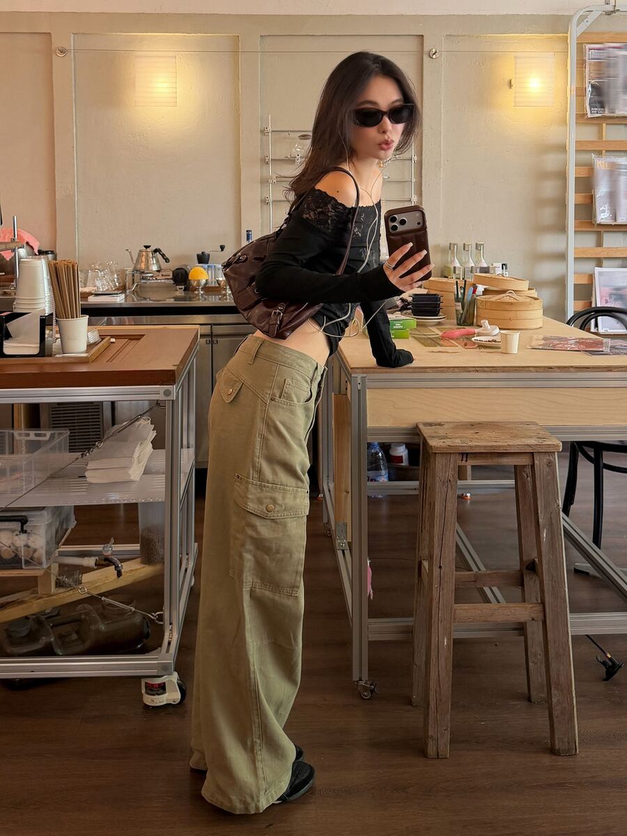 DAZY Women's Casual Loose Cargo Jeans, Versatile Girl Style, Denim Pants - Khaki - View 1